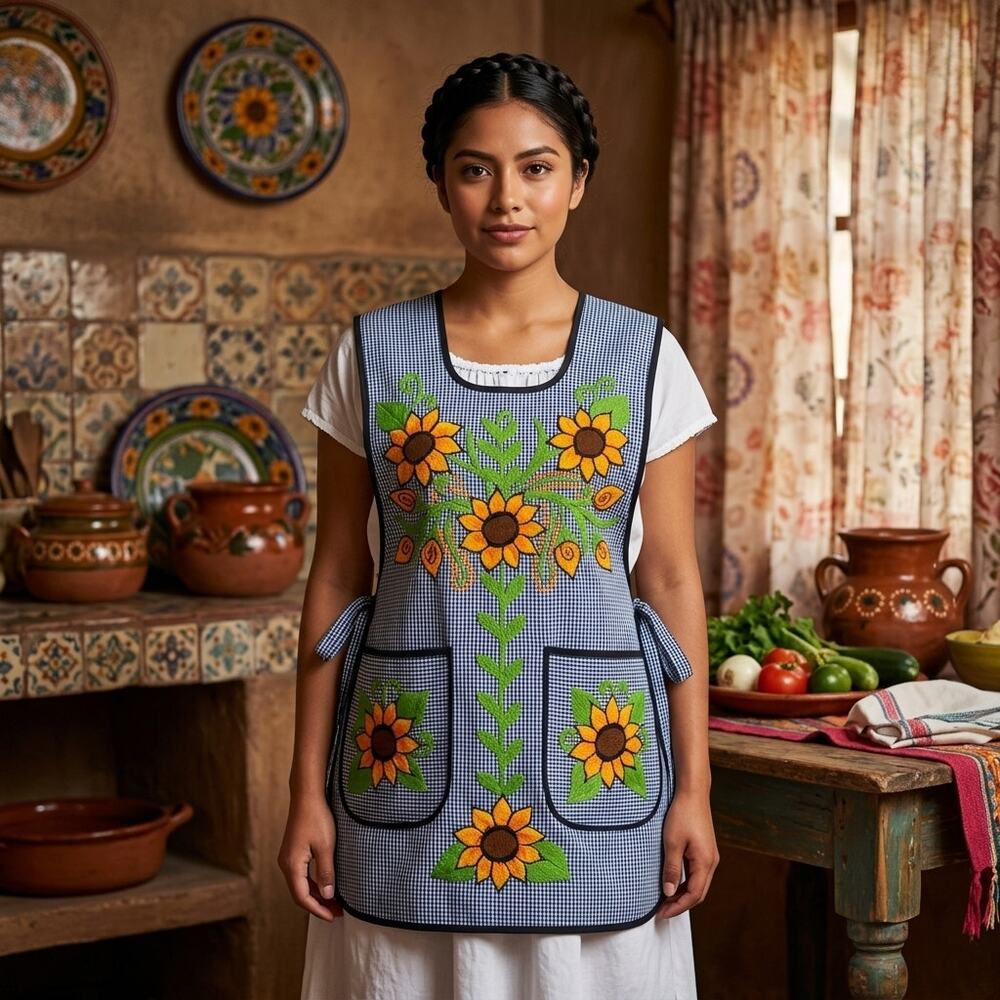 Mexican Embroidered Smock Apron – Floral Traditional Design 28 X 19 IN